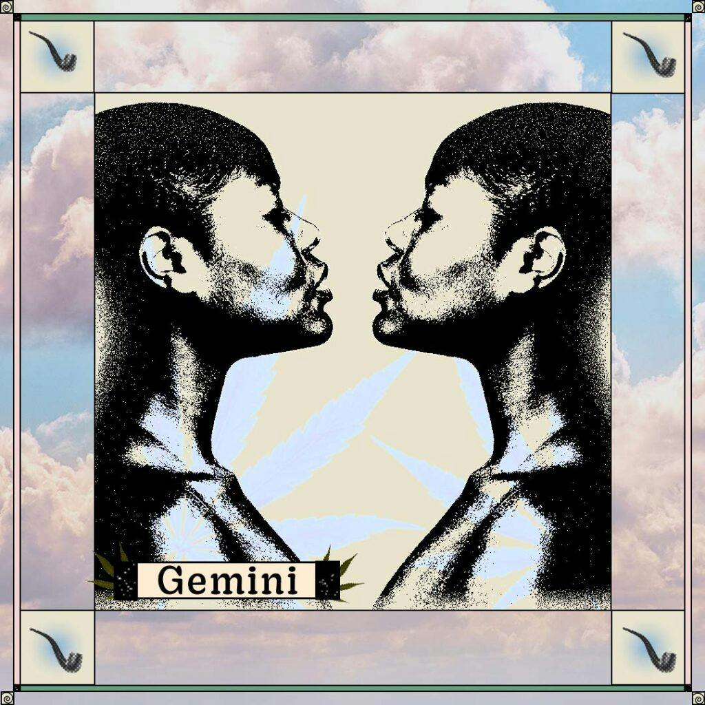 two women looking at each other over sky background with pipes with word