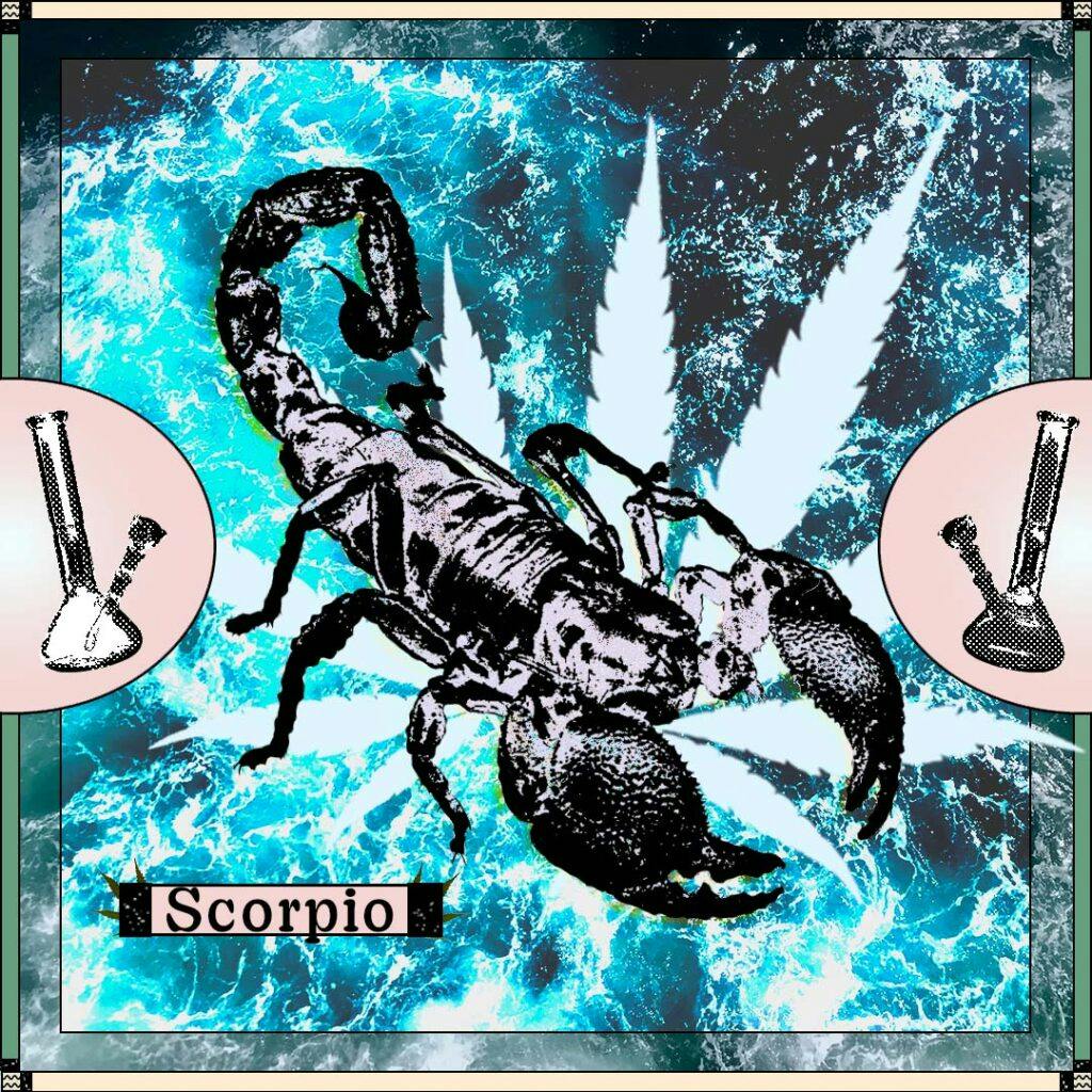 Scorpion on blue tie dye background with word