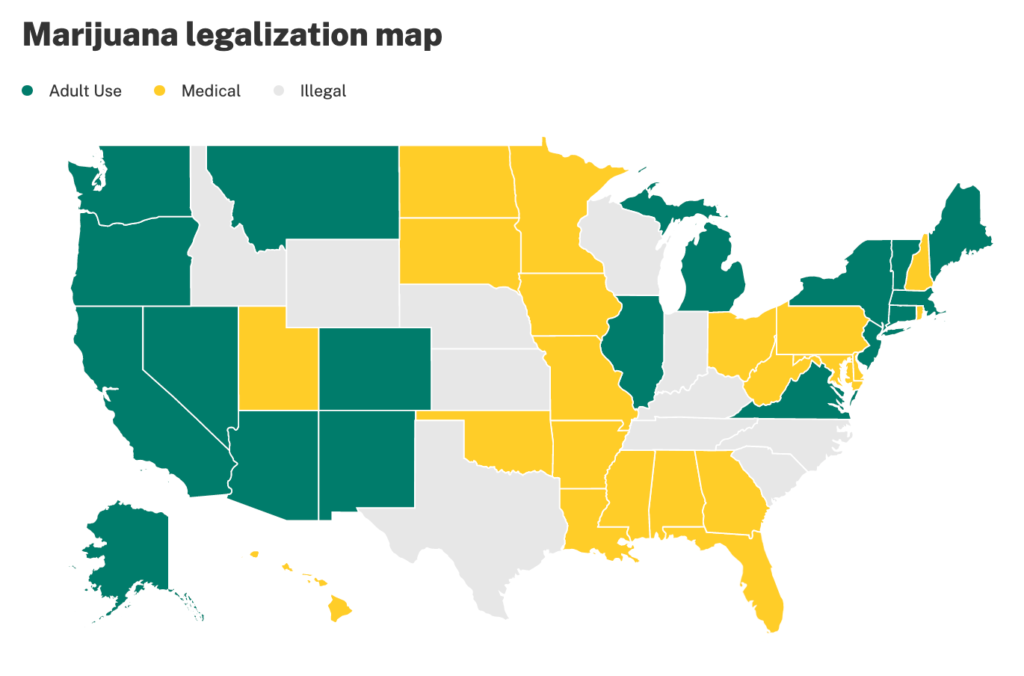 Green and yellow states in the US with legal and medically legal cannabis.