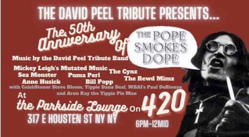 event poster with event details on red background with image of John Lennon on the right