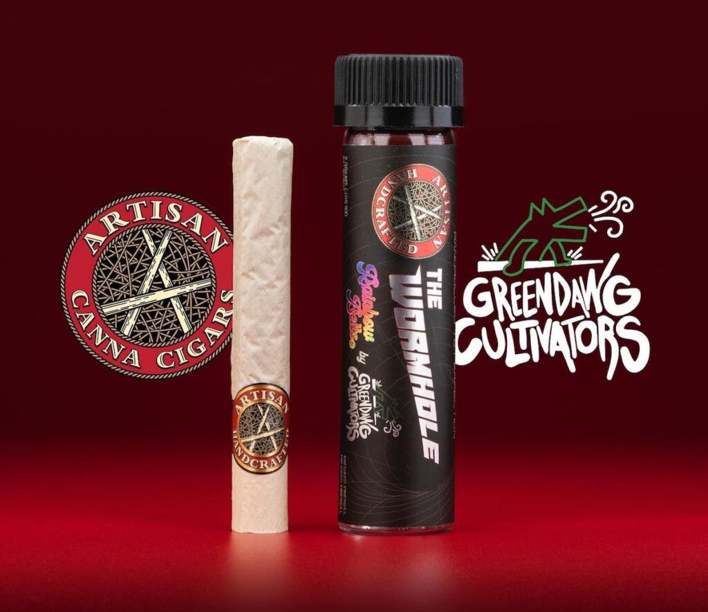 The Artican Wormhole has 0.4g of rosin encased in 3g of Greendawg flower. Sheesh! (Courtesy Artisan)