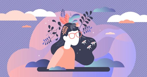 purple graphic of woman with plants and thoughts coming out of her head