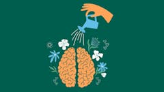 Hand watering a brain on green background with flowers, suns, and hearts