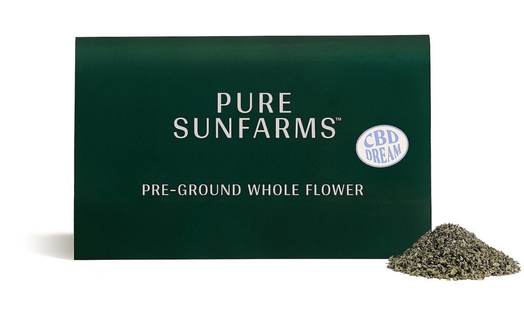 Large green package with brand name and a small bunch of dark green ground flowers in front