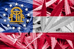 Georgia state flag on cannabis background (AdobeStock)