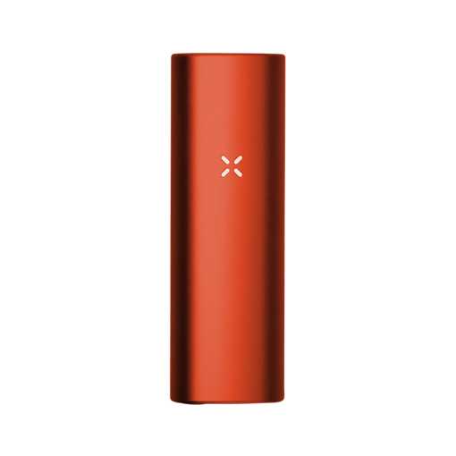 metallic orange handheld vaporizer the rough dimensions of a stick of gum marked with an "x." the vaporizer is against a white background