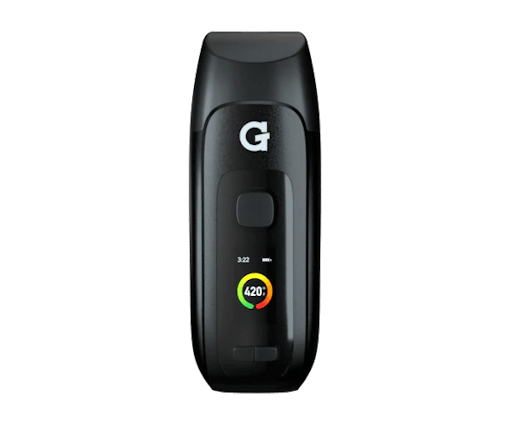 black handheld vaporizer with a white "G" printed on it