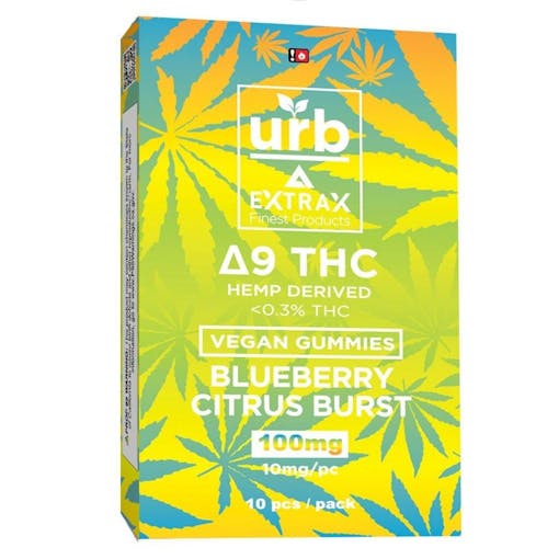 green and blue package of "urb" brand delta 9 gummies