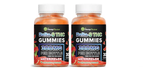 two see-through bottles of orange-red delta-9 THC gummies with black labels