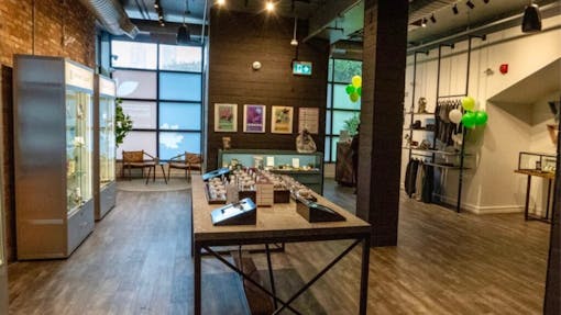 interior shot of fancy pot shop including flower samples on a freestanding table