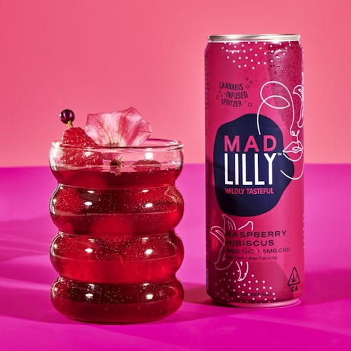 A pink drink of raspberry hibiscus cannabis spritzer