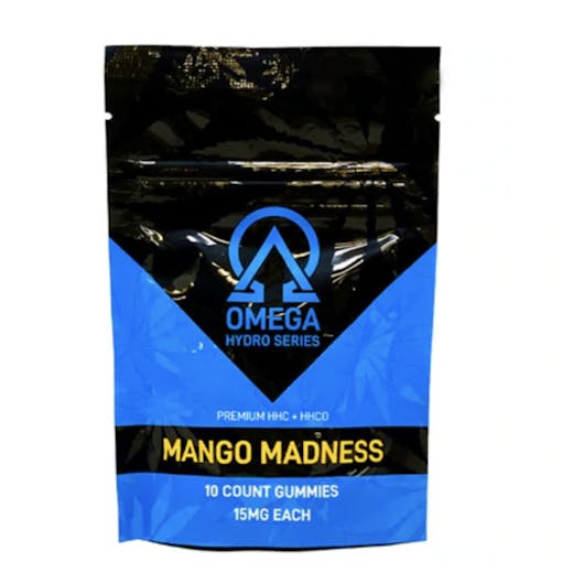 black and blue bag of Mango Madness gummies, against a white background