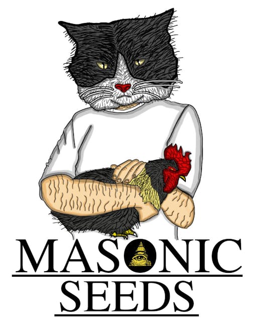 A Masonic Seeds logo from the Discord server: cat man holds a chicken
