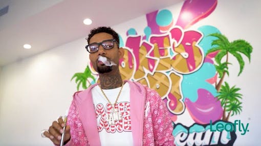 Philadelphia music star PnB Rock debuted his Kandy Lane strain at the Joke's Up Ice Kream dispensary grand opening. (Amennu McGruder / Leafly)