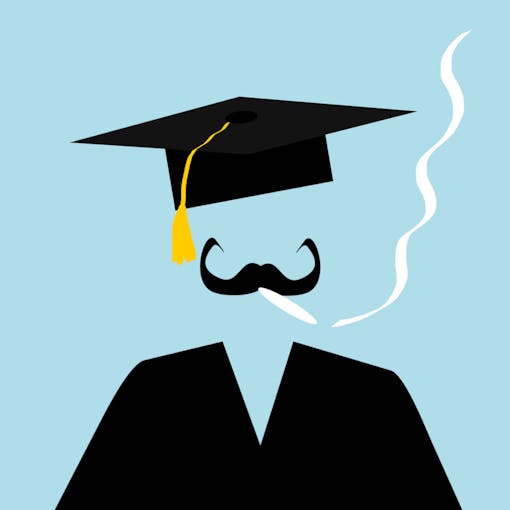 cartoon image of man wearing graduation cap and smoking