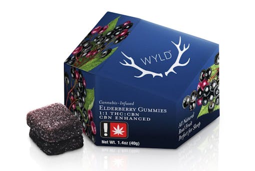 product shot of blue package of gummies with two purple gummies to the left