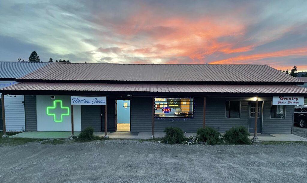 long, low green-grey apothecary at sunset