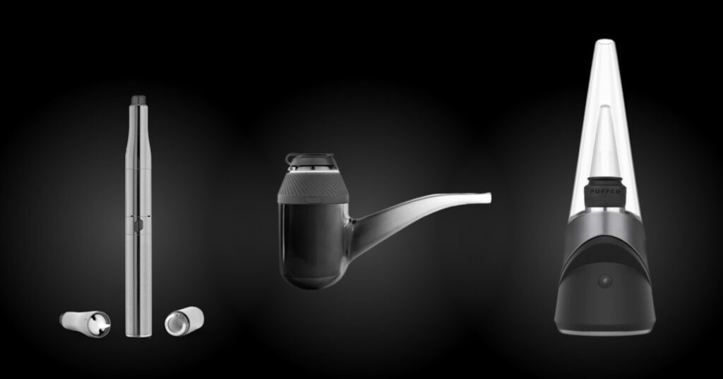 I have my hash pipe: the portable, modular Puffco Proxy (middle). Flanking the Plus and Peak Pro. (Matt Jackson for Leafly)