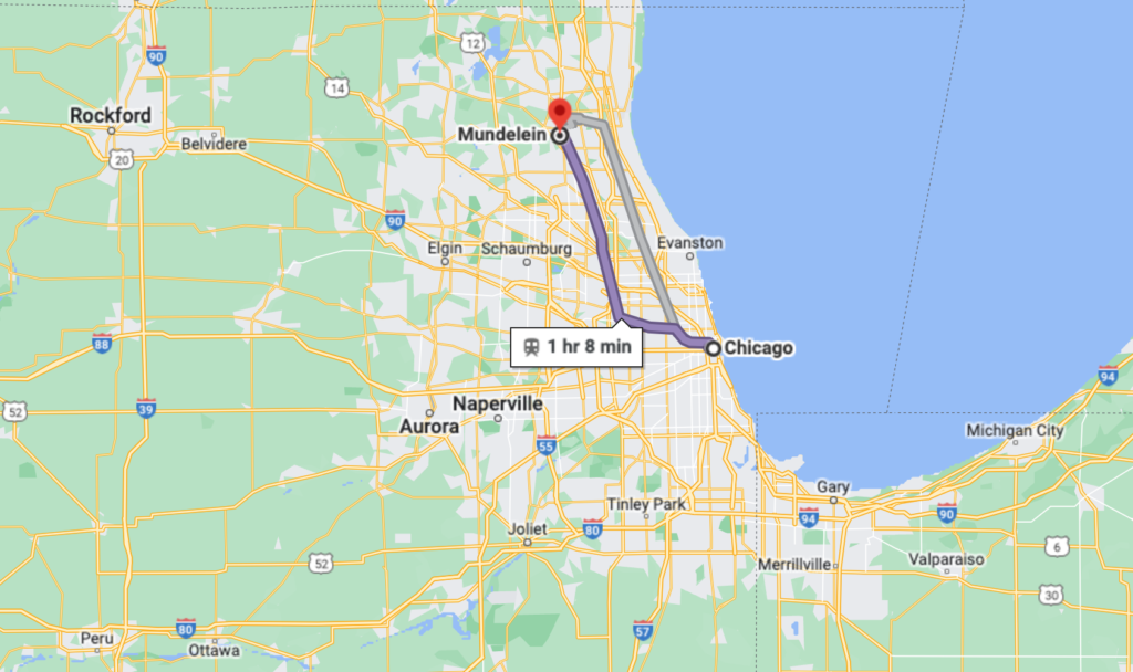 Map showing the train ride between Chicago and Mundelein