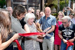 Devon Wheeler, Mayor Lauren Meister, Michael Berman, Woody Harrelson, Councilmember Lindsey Horvath, and Jon D'Amico cut the ribbon at 'The Woods' Opening Day on May 13, 2022 in West Hollywood, California. (Photo by Stefanie Keenan/Getty Images for The Woods)