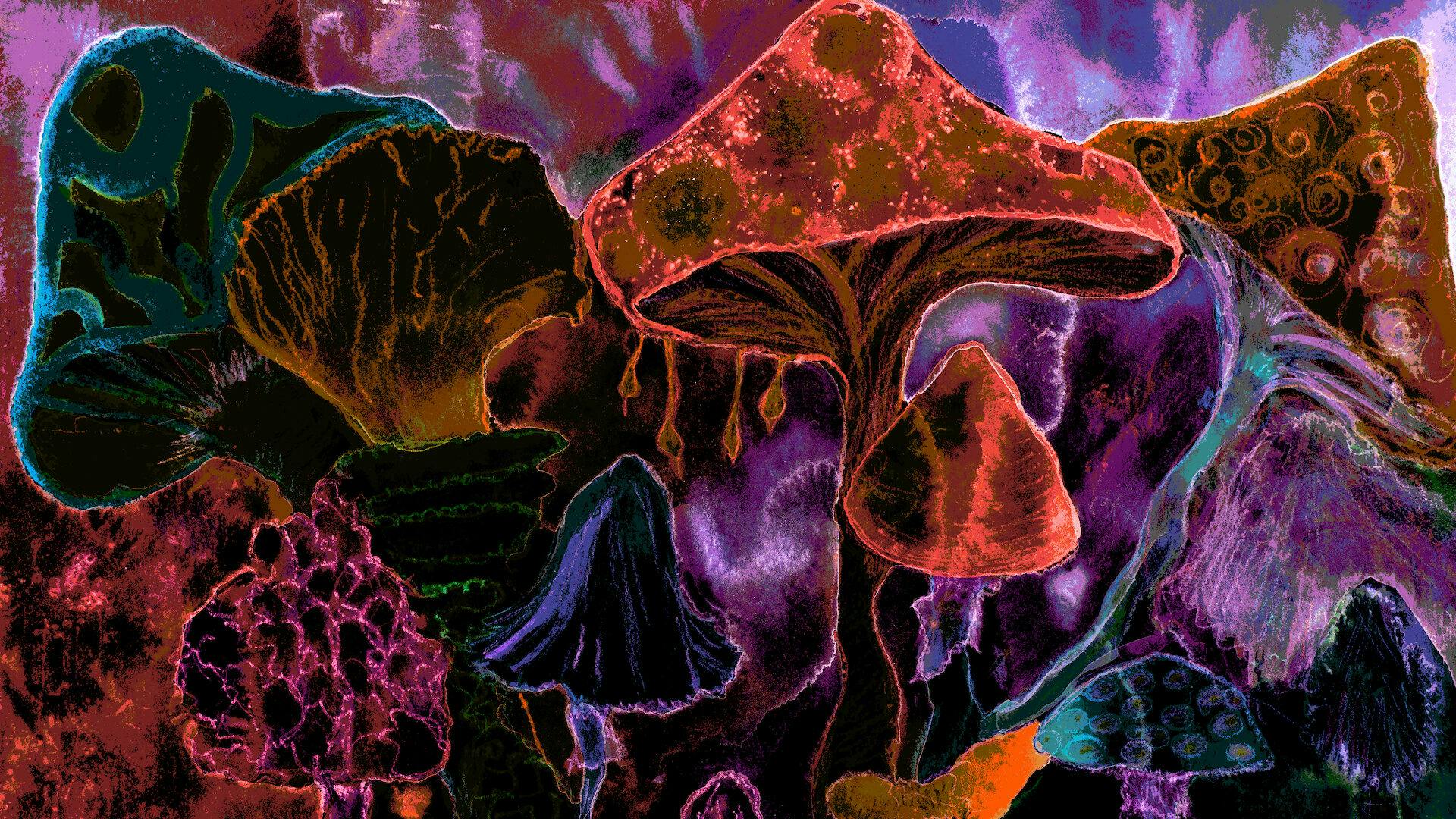 Bright red psychedelic mushrooms. The dabbing technique near the edges gives a soft focus effect due to the altered surface roughness of the paper.