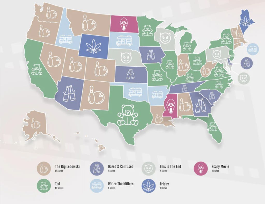 map of 50 states with each marked in color corresponding to top stoner movie