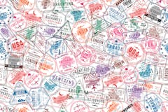 Passport visa stamps, seamless pattern. International and immigration office rubber stamps. Traveling and tourism concept background. Vector