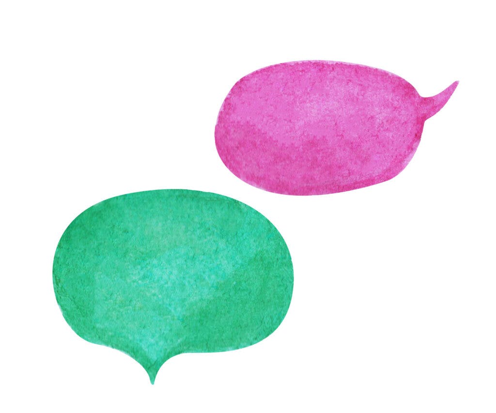 Watercolor speech bubble on white background. Violet and teal green text bubbles side by side.