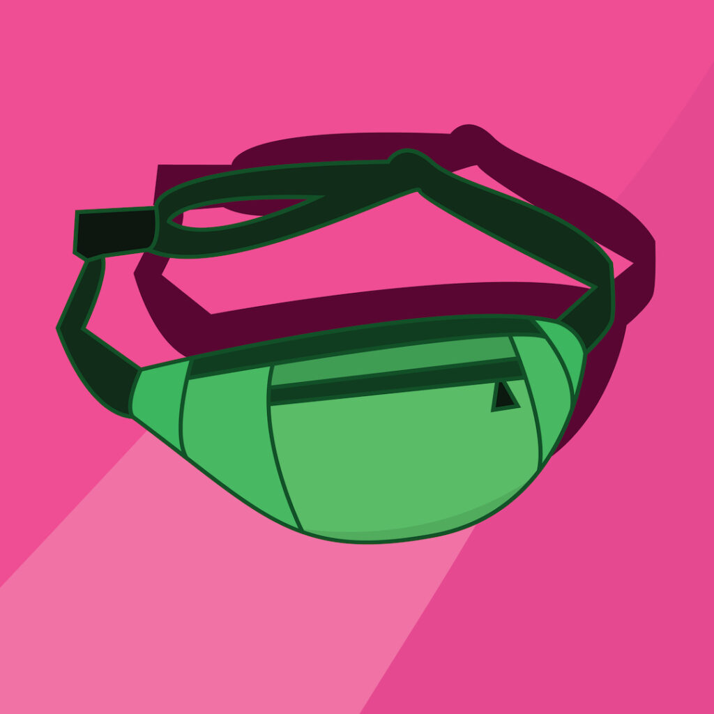 Graphic of a green fanny pack on a pink background