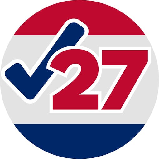 logo for cannabis reform campaign: the number 27 in big red letters with a blue check mark, against red white and blue stripes in a circle