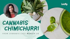 Text: Cannabis Chimichurri Recipe featuring Monica Lo with images featuring Monica Lo, chimichurri on a spoon, and cannabis leaves