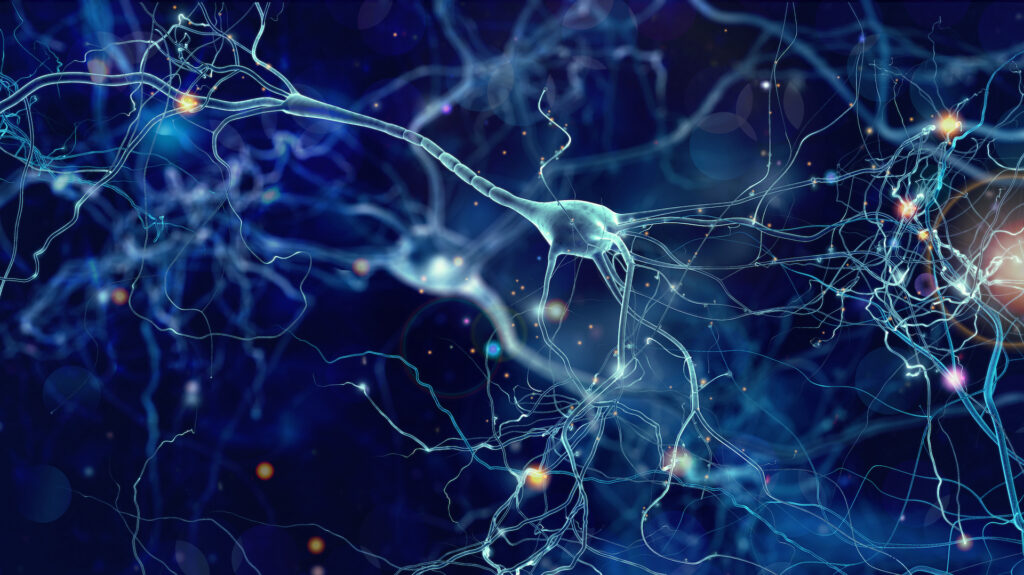 Conceptual illustration of neuron cells with glowing connecting nodes in abstract dark space, high resolution 3D rendering