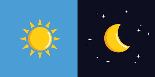 sun on blue background next to moon on black backbround