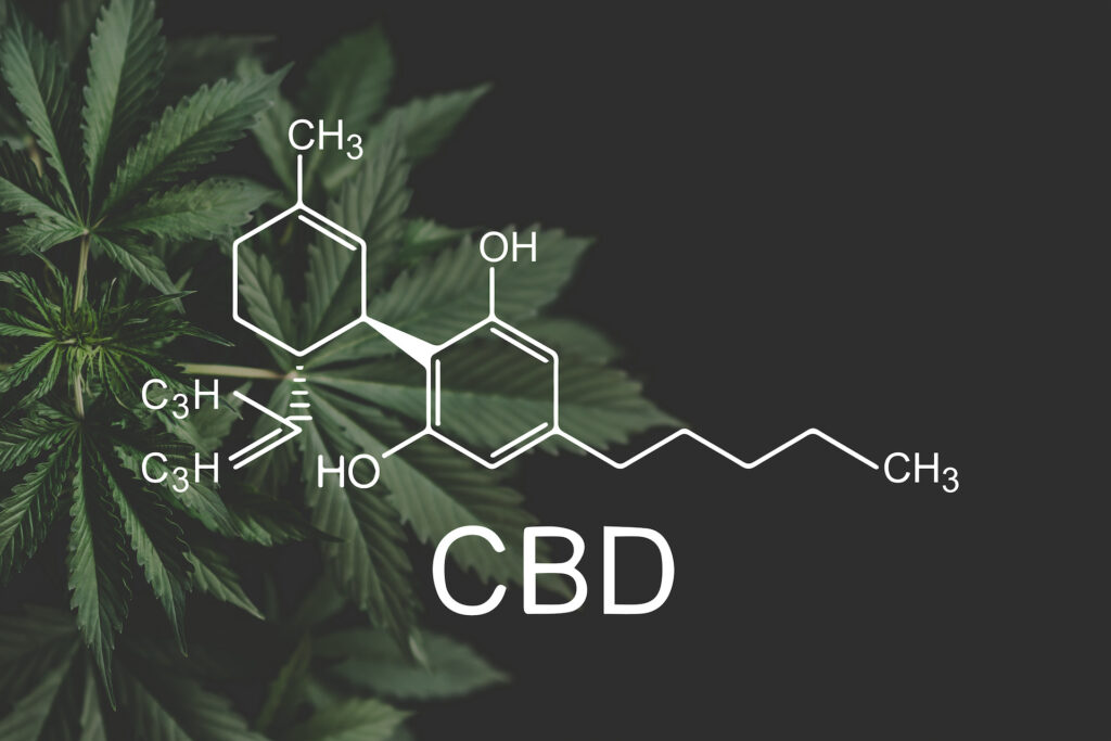 CBD molecule on dark background with cannabis leaves