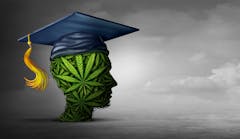 Cannabis education and student marijuana use at school or learning about weed or the social issue of getting high in college and drugs on campus with 3D illustration elements.