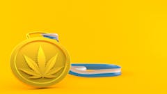 Cannabis leaf medal isolated on orange background. 3d illustration