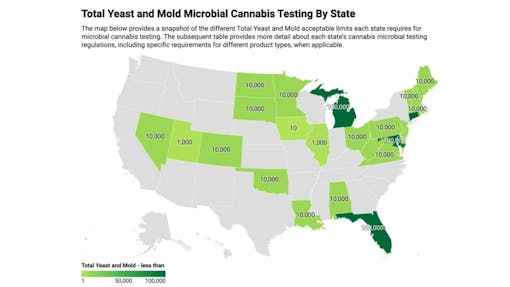 Map of mold and yeast testing limits for cannabis by state. (Map: Medicinal Genomics, Source: Medicinal Genomics / Created with Datawrapper)