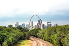 Photo of the railroad tracks leading to the Gateway Arch