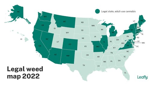 A map of US states with recreational cannabis laws on the books. Now at 21. (Leafly)