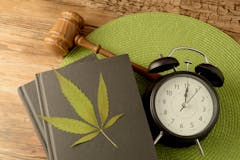 A conceptual image focused on the legal information of Marijuana using books and a gavel and weed leaf to illustrate this idea.