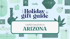 Blue background with green gifts and bongs reading "Leafly Holiday Gift Guide: Leafly's top picks in Arizona"