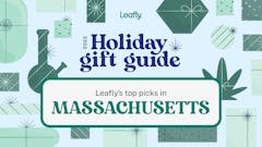 Blue background with green gifts and bongs reading "Leafly Holiday Gift Guide: Leafly's top picks in Massachusetts"