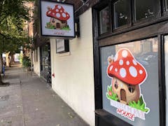 photograph of Shroom House facade, including image of a house fashioned from a mushroom