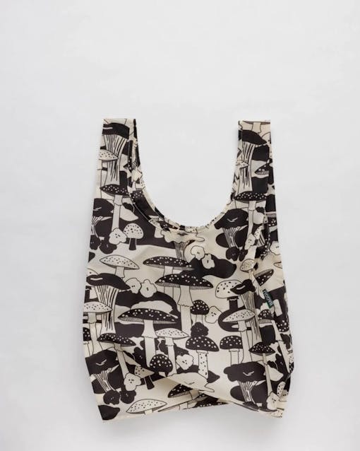image of black and white mushroom patterned reusable bag from Baggu