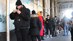 New York's first weed dispensary Housing Works line on day one of sales in December, 2022. (Meg Scmidt)