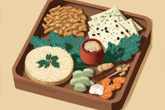 Close up of various Japanese snacks in a wooden dish. Peanuts with sesame seeds, rice crackers with wasabi and nori, and other munchies. Combine various traditional Japanese snacks. Generative AI