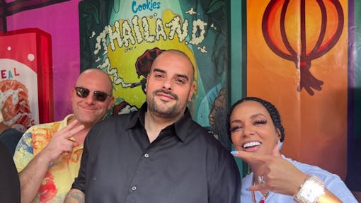 VP of Natura Josh Schmidt (left), Cookies CEO Berner (middle), and GUMBO co-owner Alexis Majors (right) were part of the VIP grand opening of Cookies Thailand in Bangkok on January 21, 2023. (Mikhail Harrison / Leafly)