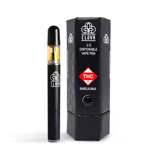 Photo of CLOVR disposable vape next to black vape packaging that reads ".3g disposable vape pen" with CLOVR log and THC warning label