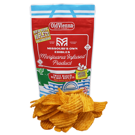 Photo of Old Vienna Red Hot Riplets chips with Missouri's Own Edibles logo and words "Marijuana infused product" A small pile of the reddish brown chips sits in front of the bag