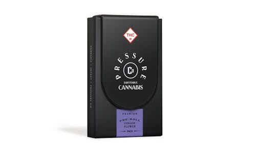 Photo of black Pressure Co. Equity Pack packaging with Pressure Co label that reads "Premium pre-roll indoor flower"